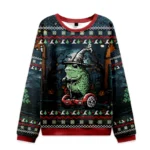 Front view of the funny frog ride Christmas ugly sweatshirt with vibrant colors and festive design details.