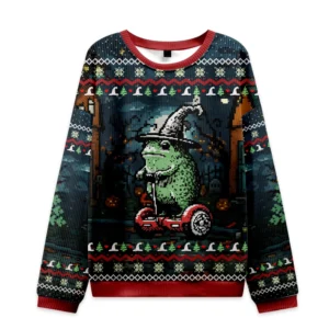 Front view of the funny frog ride Christmas ugly sweatshirt with vibrant colors and festive design details.