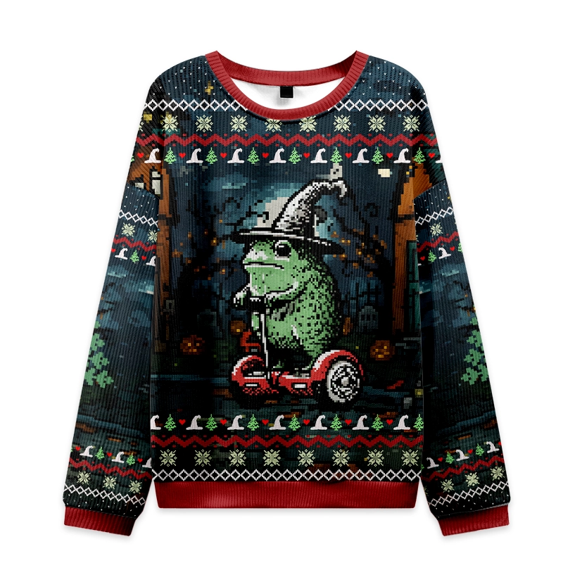 Funny Frog Ride Christmas Ugly Sweatshirt Front view of the funny frog ride Christmas ugly sweatshirt with vibrant colors and festive design details.