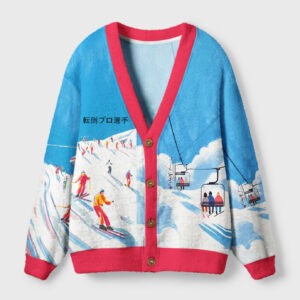 Front view of the skiing chaos cardigan sweater in blue and red, showcasing a vibrant winter sports design.