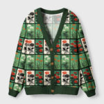 Front view of the ukiyo-e evergreen cardigan sweater featuring vibrant floral designs on a green background.