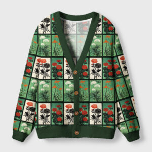 Front view of the ukiyo-e evergreen cardigan sweater featuring vibrant floral designs on a green background.