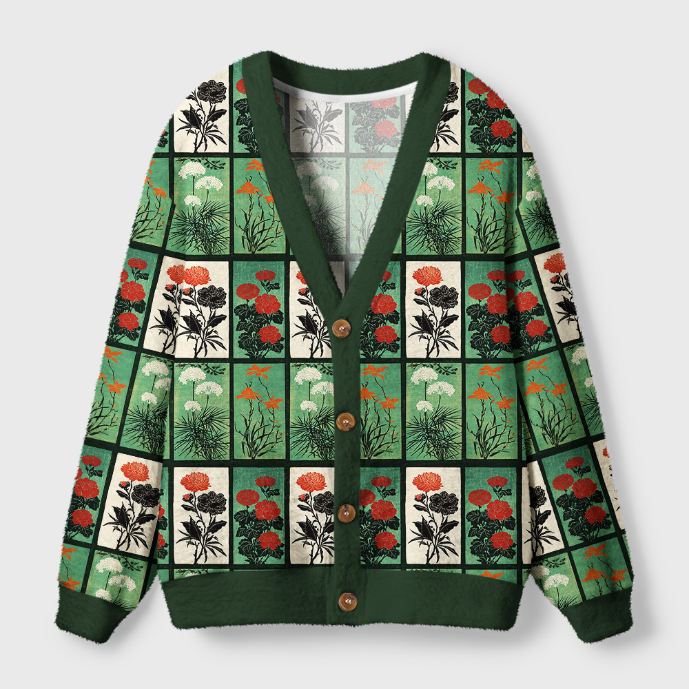 Ukiyo-e Evergreen Cardigan Sweater Front view of the ukiyo-e evergreen cardigan sweater featuring vibrant floral designs on a green background.