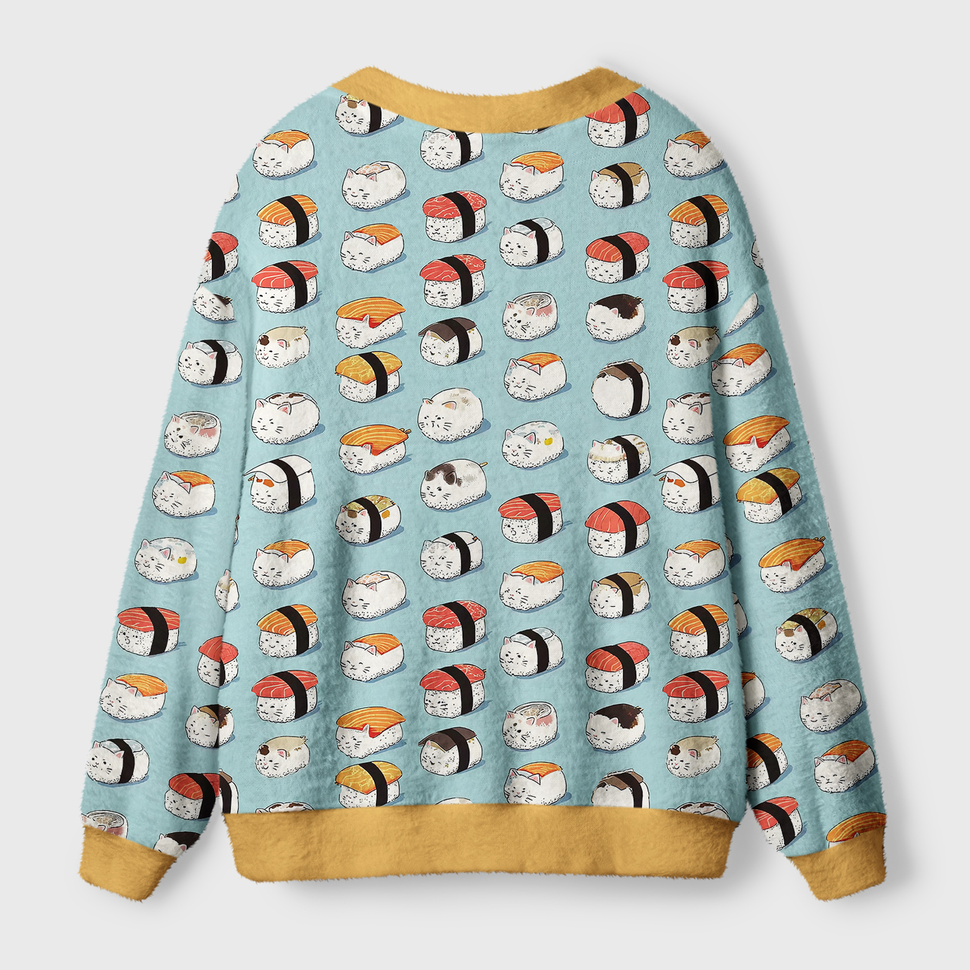 Cat Sushi Cardigan Sweater | Cozy Cat Lover Style Back view of the cat sushi cardigan sweater showcasing the vibrant pattern with fluffy yellow trim around the hem.