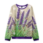 Front view of the Japanese lavender Christmas ugly sweatshirt featuring vibrant purple lavender and festive snowflakes.