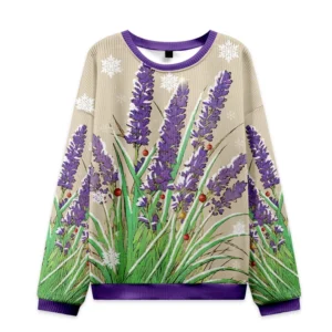 Front view of the Japanese lavender Christmas ugly sweatshirt featuring vibrant purple lavender and festive snowflakes.