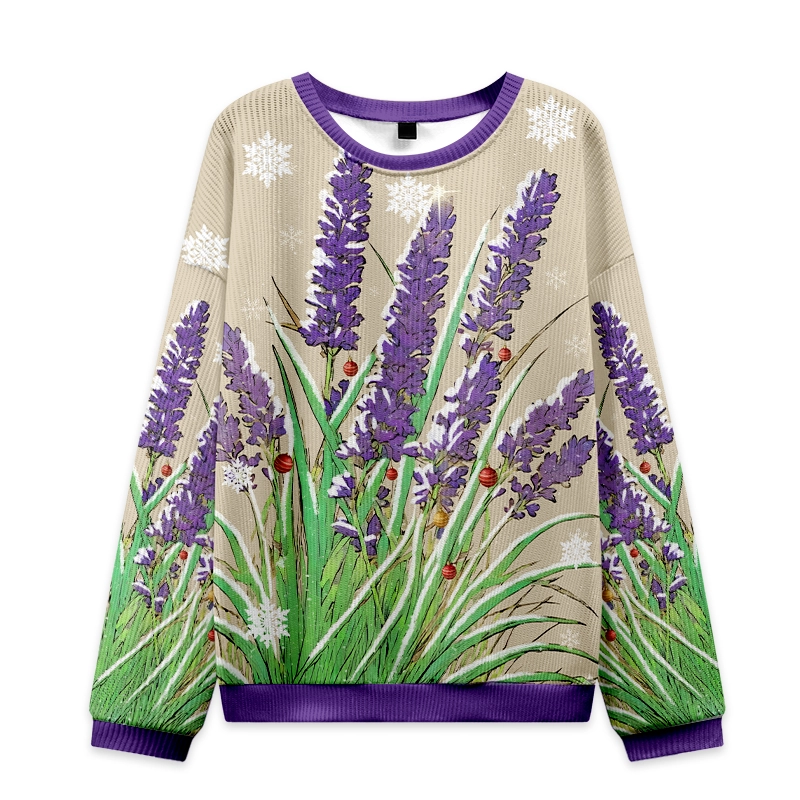 Japanese Lavender Christmas Ugly Sweatshirt Front view of the Japanese lavender Christmas ugly sweatshirt featuring vibrant purple lavender and festive snowflakes.