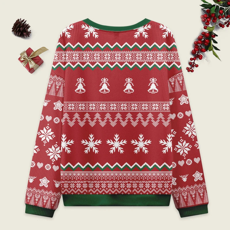Christmas Tree Japanese Red Christmas Ugly Sweatshirt Detailed close-up of the Christmas tree Japanese red Christmas ugly sweatshirt showcasing intricate patterns and textures.