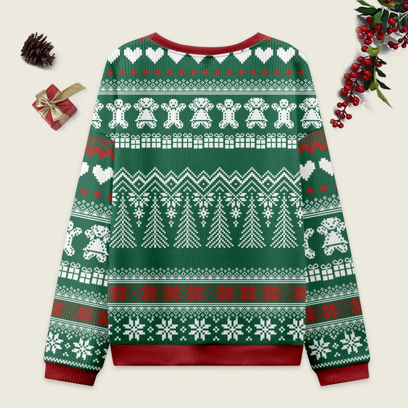 Japanese Daruma Green Christmas Ugly Sweatshirt Back view of the Japanese Daruma green Christmas ugly sweatshirt showcasing its vibrant knit pattern and holiday spirit.