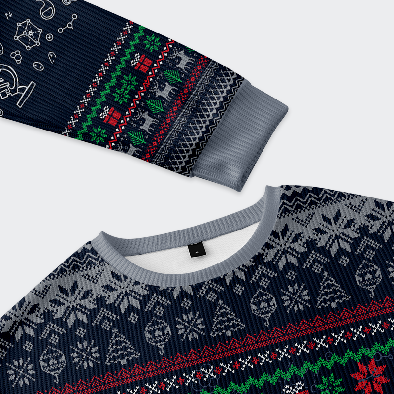 Ho Ho Ho Holmium Christmas Ugly Sweatshirt Close-up of the Ho Ho Ho Holmium Christmas ugly sweatshirt's unique design elements, highlighting the chemical symbols and ho