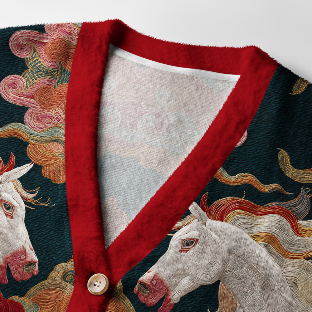 Celestial Steeds Cardigan Sweater | Auspicious Cloud Design Close-up detail of celestial steeds cardigan sweater highlighting the fine embroidery and unique patterns on the fabric.