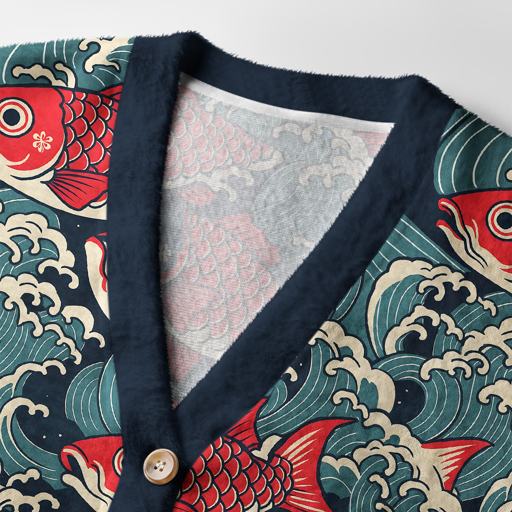 Koi Wave Cardigan Sweater | Japanese Fish Design Close-up detail of the koi wave cardigan sweater buttons and fabric texture, featuring colorful Japanese fish motifs.