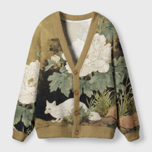Front view of the Peony & Fox cardigan sweater featuring a floral design with a fox, in earthy tones.