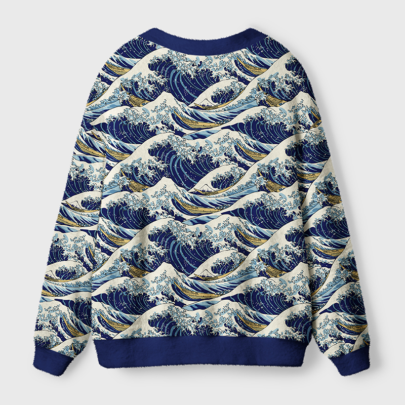 Japanese Great Wave Cardigan Sweater Back view of the Japanese Great Wave Cardigan Sweater showcasing its unique Ukiyo-e design and cozy fit.
