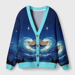 Front view of the great wave cardigan sweater showcasing vibrant blue Ukiyo-e design and teal accents.