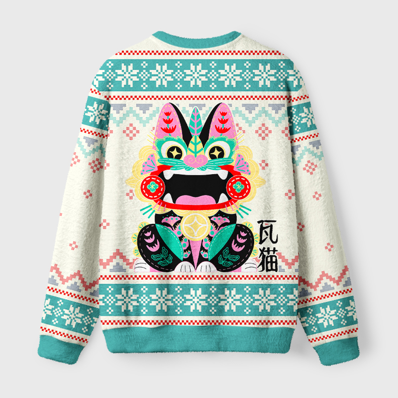 Lucky Tile Cat Fuzzy Christmas Sweatshirt Back view of the lucky tile cat fuzzy Christmas sweatshirt showcasing cozy fabric and vibrant colors for holiday cheer.