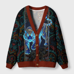 Vintage tiger cardigan sweater featuring a vibrant blue tiger design, viewed from the front with detailed patterns.
