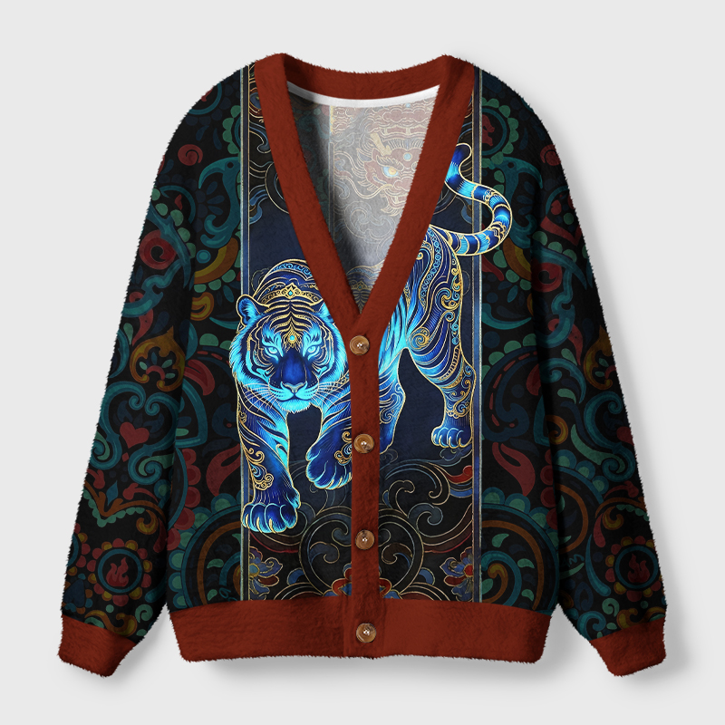 Vintage Tiger Cardigan Sweater | East Asian Art Design Vintage tiger cardigan sweater featuring a vibrant blue tiger design, viewed from the front with detailed patterns.