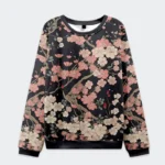 Front view of the blooming sakura Christmas ugly sweatshirt featuring a floral design on a black background.
