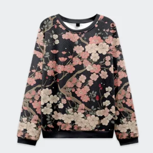 Front view of the blooming sakura Christmas ugly sweatshirt featuring a floral design on a black background.