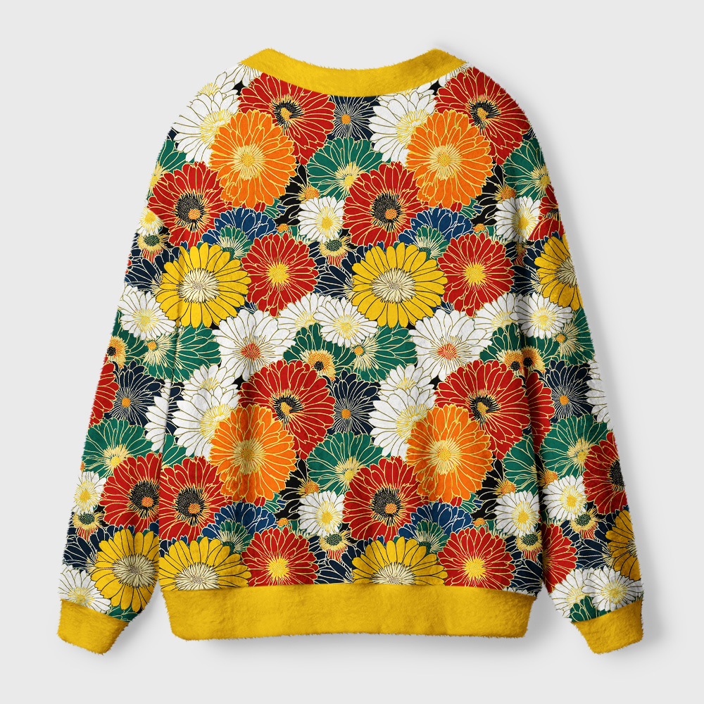 Chrysanthemum Cardigan Sweater Back view of the chrysanthemum cardigan sweater highlighting the bold floral patterns and cozy fit for stylish layering.
