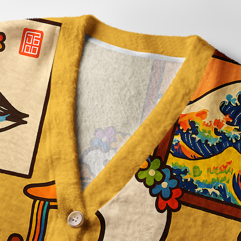 Spaghetti Goose Cardigan Sweater | Funny Animal Design Close-up of the spaghetti goose cardigan sweater's detailed design, highlighting its unique patterns and textures.