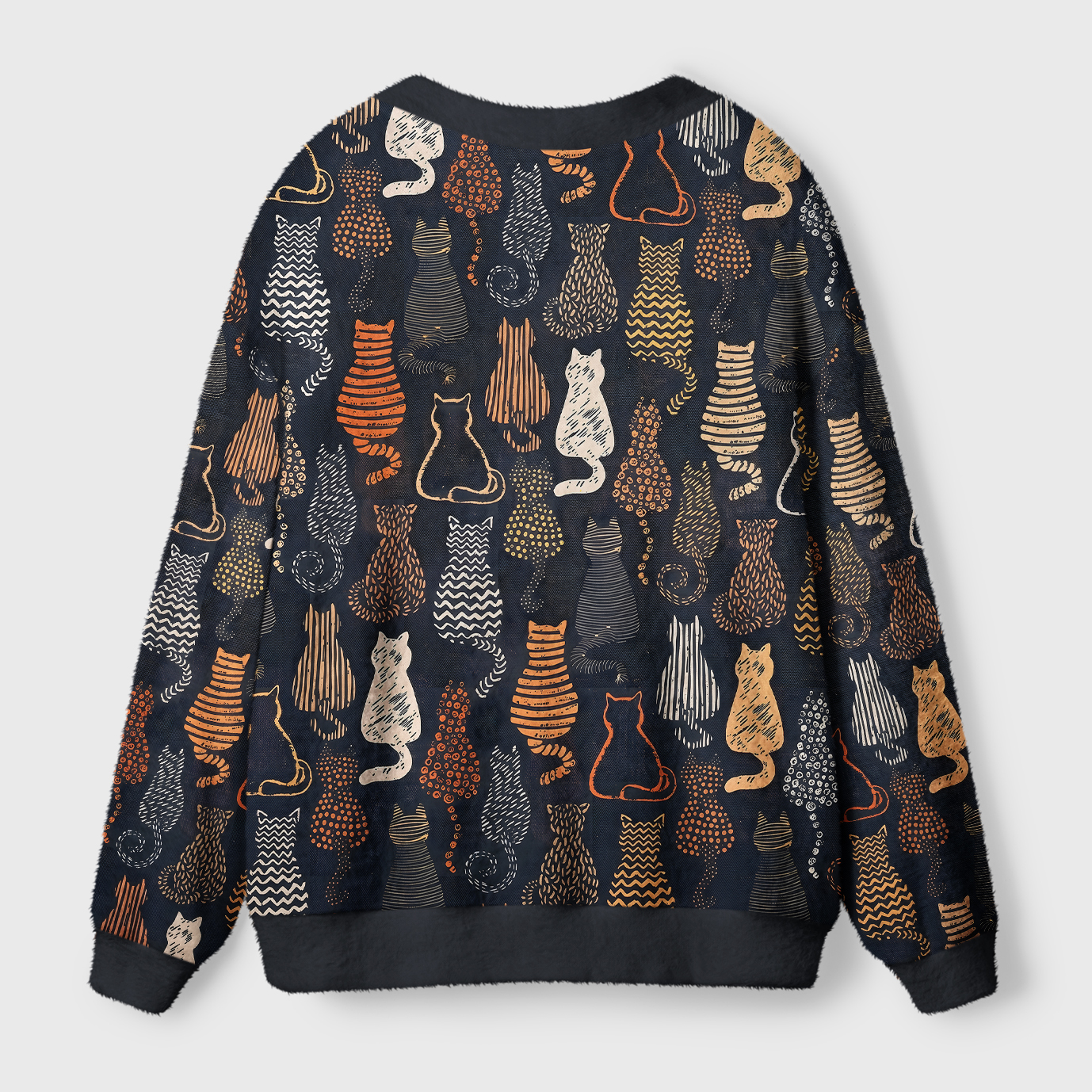 Abstract Line Art Cat Cardigan Sweater Back view of abstract line art cat cardigan sweater showcasing intricate cat patterns in warm colors.