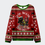 Front view of the cat everything is fine sweatshirt in red, featuring a playful cat design with Christmas lights and festive
