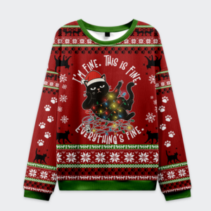 Front view of the cat everything is fine sweatshirt in red, featuring a playful cat design with Christmas lights and festive