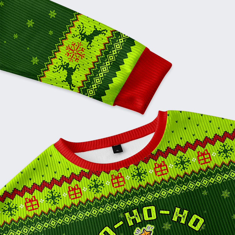Ho Ho Ho Now I Have a Machine Gun Sweatshirt Close-up detail of the sweatshirt's unique design elements, highlighting the vibrant colors and playful graphics.