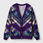 Front view of the rose & lace tartan cardigan sweater featuring a floral plaid design in vibrant purple tones.