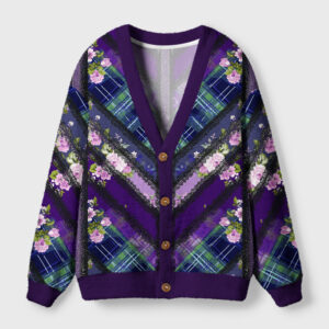 Front view of the rose & lace tartan cardigan sweater featuring a floral plaid design in vibrant purple tones.