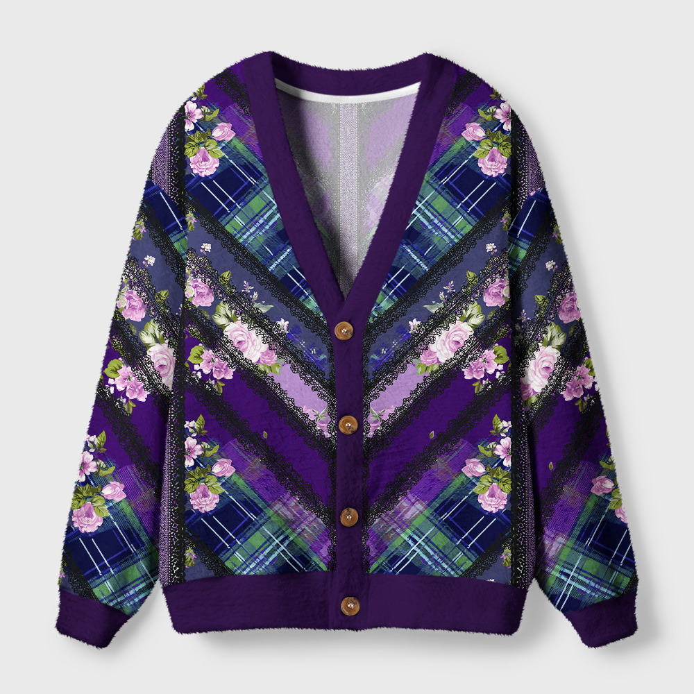 Rose & Lace Tartan Cardigan Sweater Front view of the rose & lace tartan cardigan sweater featuring a floral plaid design in vibrant purple tones.