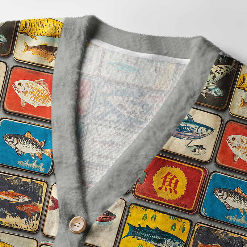 Vintage Fish Collection Cardigan | Retro Sea Life Design Close-up detail of the vintage fish collection cardigan's retro sea life design, featuring vibrant colors and textures.