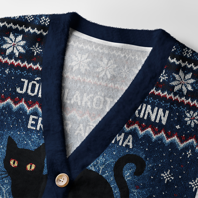 Yule Cat Cardigan Sweater | Cozy Festive Design Detail shot of the yule cat cardigan sweater highlighting the intricate knit pattern and wooden buttons for a stylish touch.