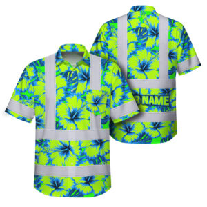 Front view of the blue neon green flowers hi vis Hawaiian shirt with vibrant floral design.