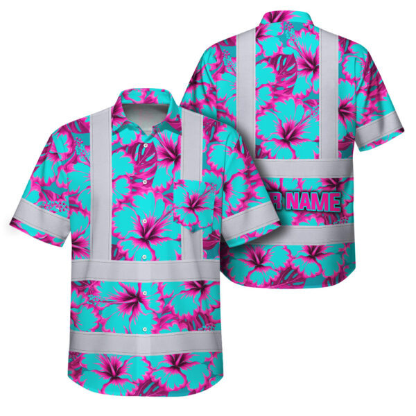 Blue Neon Pink Flowers Hawaiian Shirt Angled front view of blue neon pink flowers Hawaiian shirt capturing the lively colors and stylish fit.