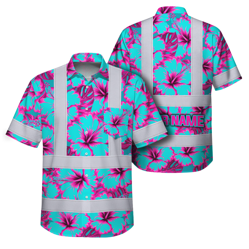 Blue Neon Pink Flowers Hawaiian Shirt Front view of blue neon pink flowers Hawaiian shirt with vibrant floral pattern and reflective strips.