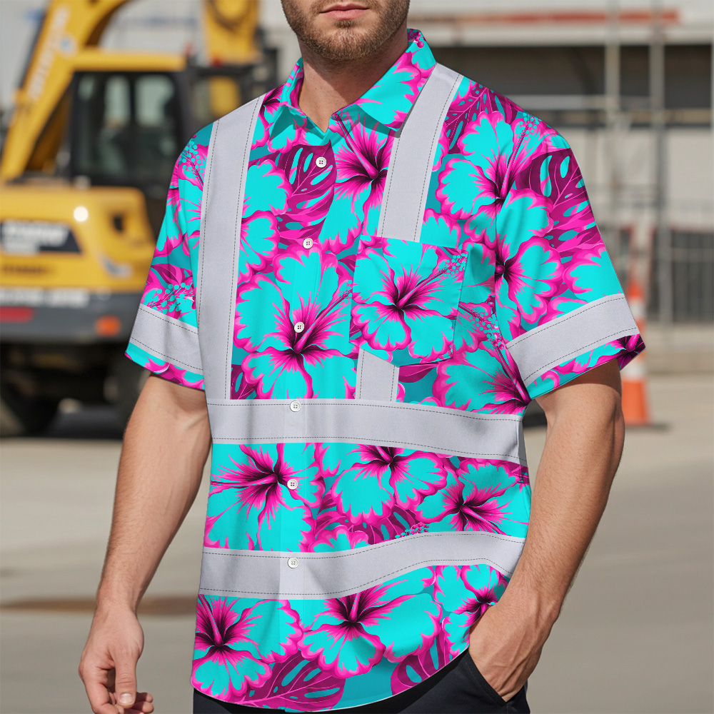 Blue Neon Pink Flowers Hawaiian Shirt Back angle of blue neon pink flowers Hawaiian shirt showcasing custom name and striking floral design.