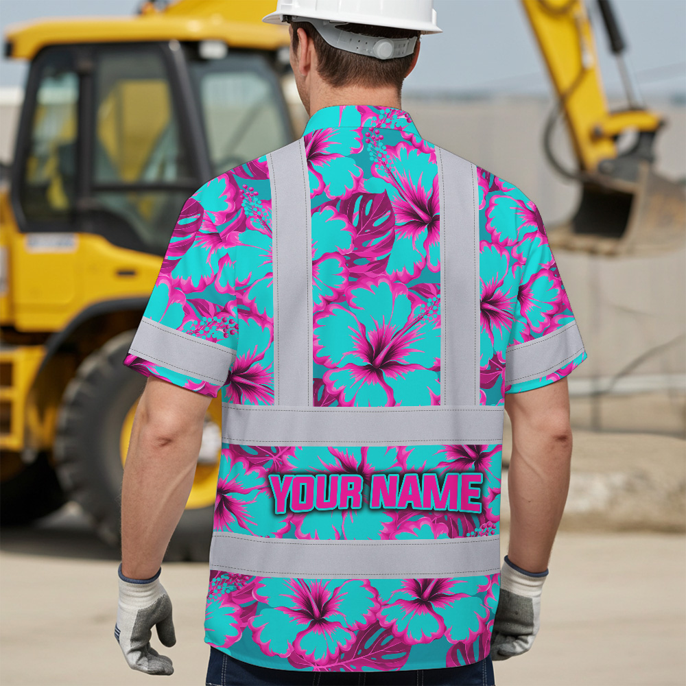 Blue Neon Pink Flowers Hawaiian Shirt Close-up detail of the blue neon pink flowers Hawaiian shirt highlighting floral print and fabric texture.