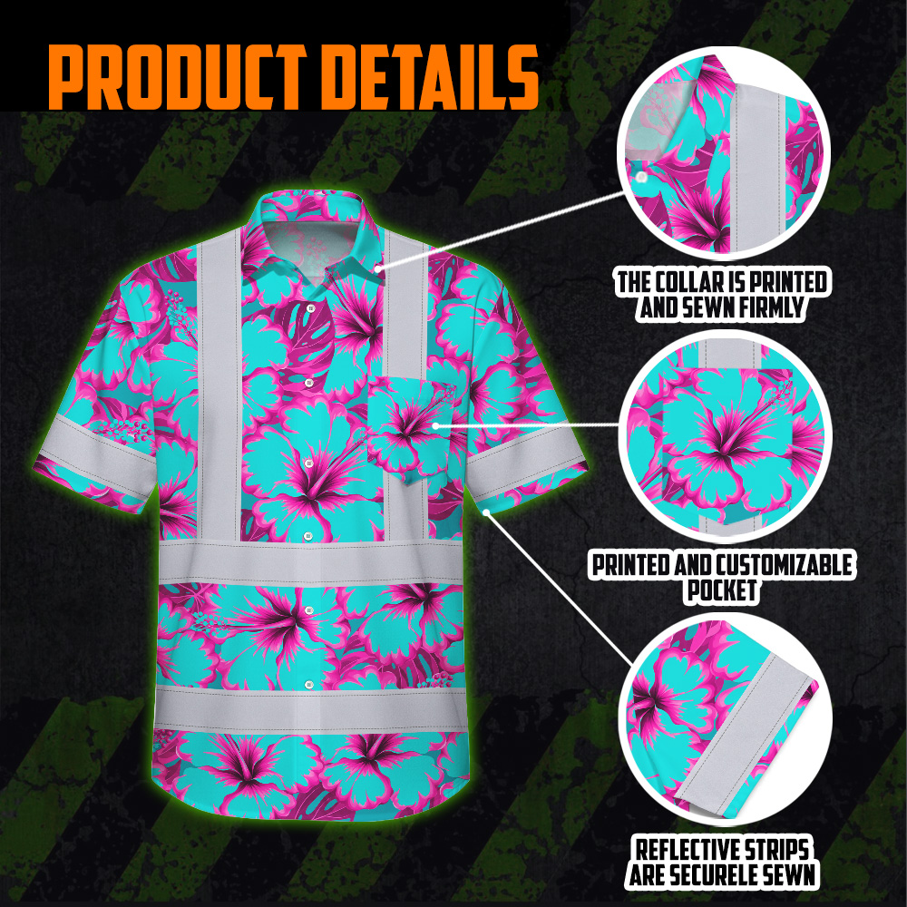 Blue Neon Pink Flowers Hawaiian Shirt Flat lay of the blue neon pink flowers Hawaiian shirt displaying the full floral pattern and custom name area.