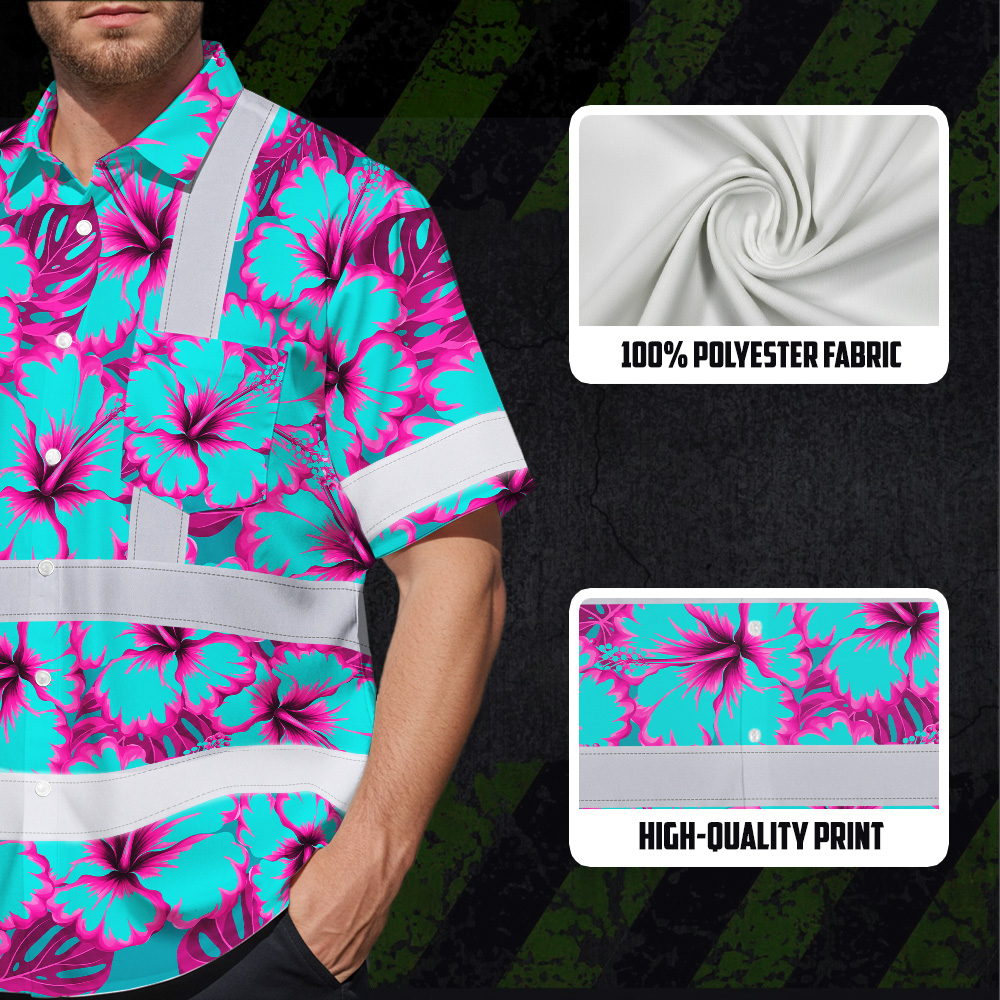 Blue Neon Pink Flowers Hawaiian Shirt Side view of blue neon pink flowers Hawaiian shirt featuring bright colors and unique design elements.
