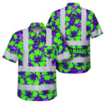 Front view of green neon violet flowers hi vis Hawaiian shirt with reflective strips.