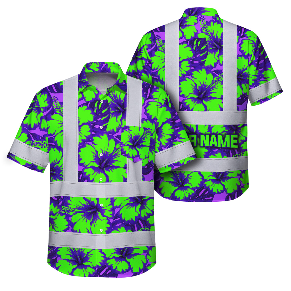 Green Neon Violet Flowers Hi Vis Hawaiian Shirt Front view of green neon violet flowers hi vis Hawaiian shirt with reflective strips.