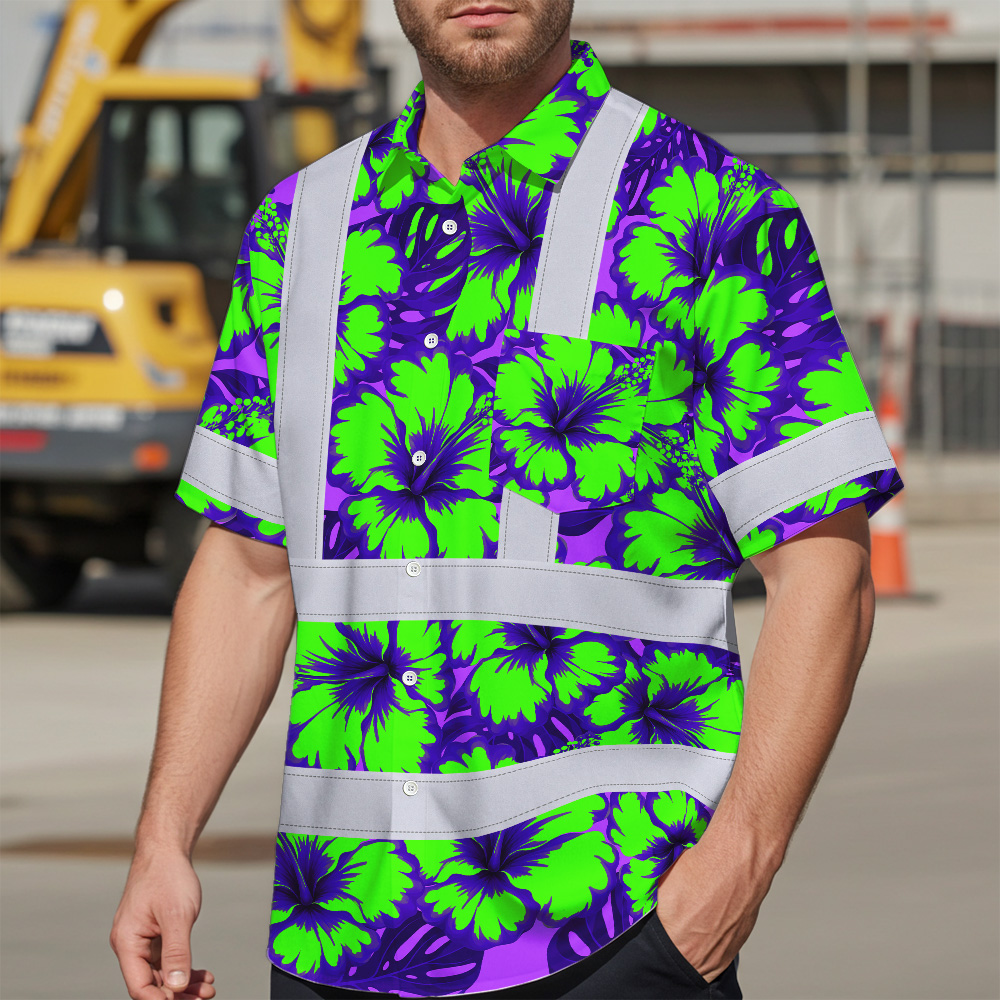 Green Neon Violet Flowers Hi Vis Hawaiian Shirt Back view showcasing the custom name on the green neon violet flowers hi vis Hawaiian shirt.