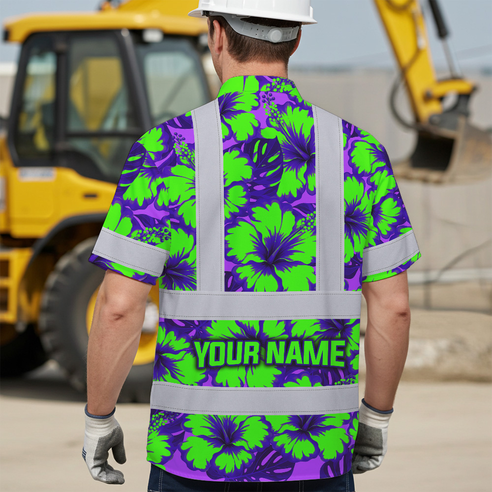 Green Neon Violet Flowers Hi Vis Hawaiian Shirt Close-up detail of the vibrant green neon violet flowers on the hi vis Hawaiian shirt fabric.