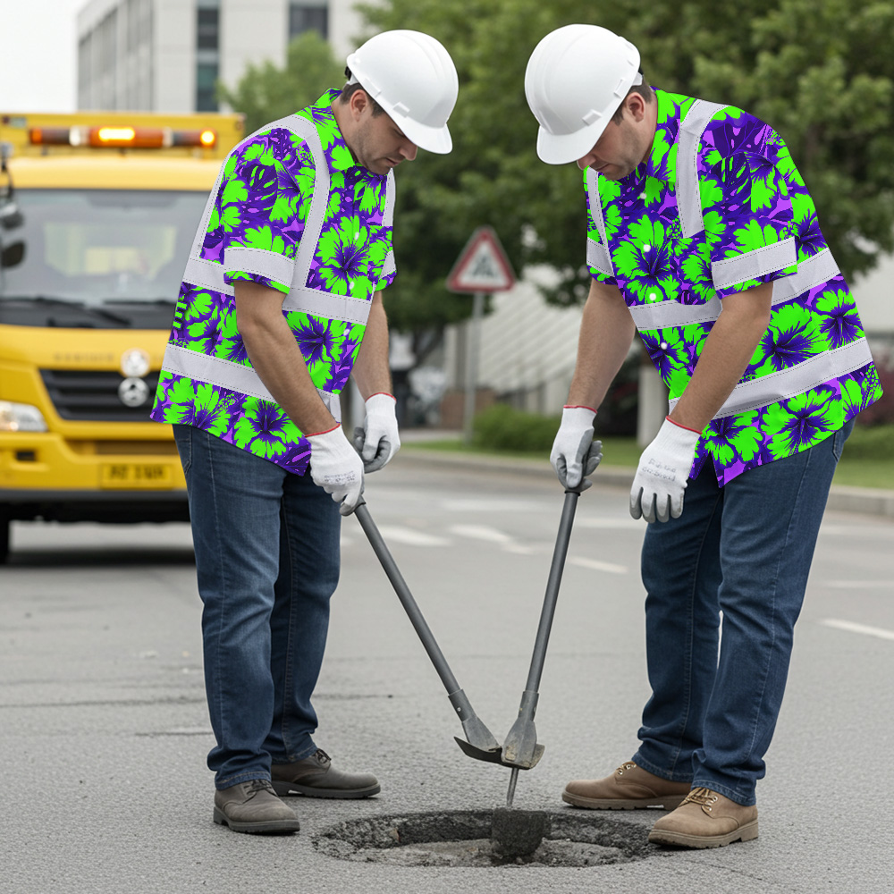 Green Neon Violet Flowers Hi Vis Hawaiian Shirt Lifestyle image of a person wearing the green neon violet flowers hi vis Hawaiian shirt at a beach.