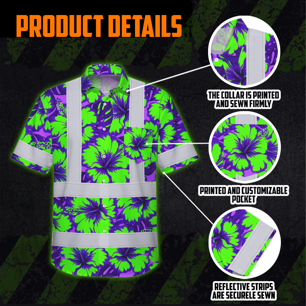 Green Neon Violet Flowers Hi Vis Hawaiian Shirt Flat lay of the green neon violet flowers hi vis Hawaiian shirt with tropical accessories.