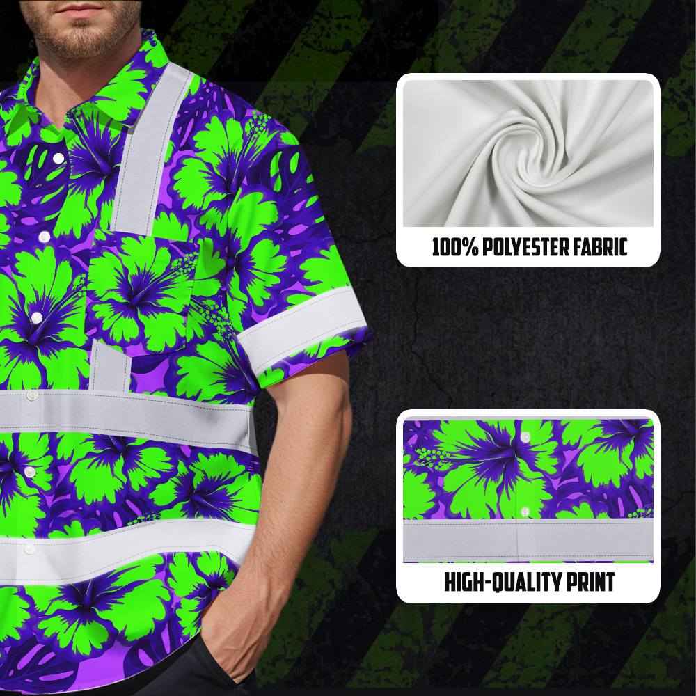 Green Neon Violet Flowers Hi Vis Hawaiian Shirt Side angle of the green neon violet flowers hi vis Hawaiian shirt highlighting its unique floral design.