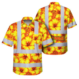 Front view of orange neon yellow flowers custom name Hawaiian shirt with vibrant floral design.